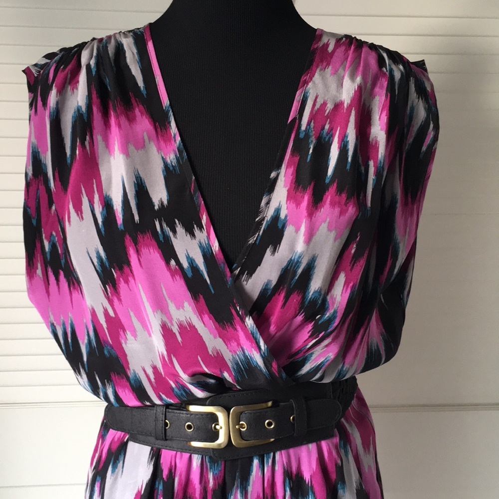 Akiko Belted Abstract Silk Wrap Dress SZ L